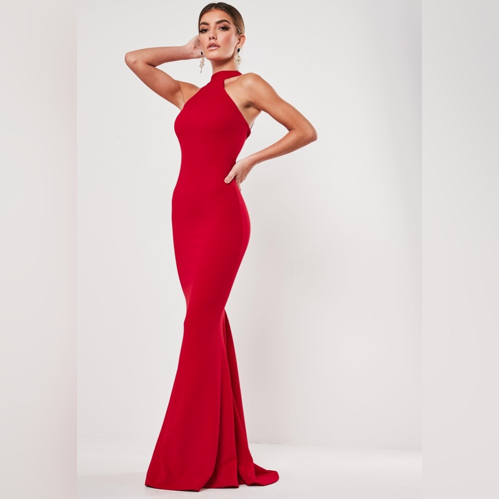 Missguided Womens Red High Neck Cross Back Fishtail Maxi Dress Size 8